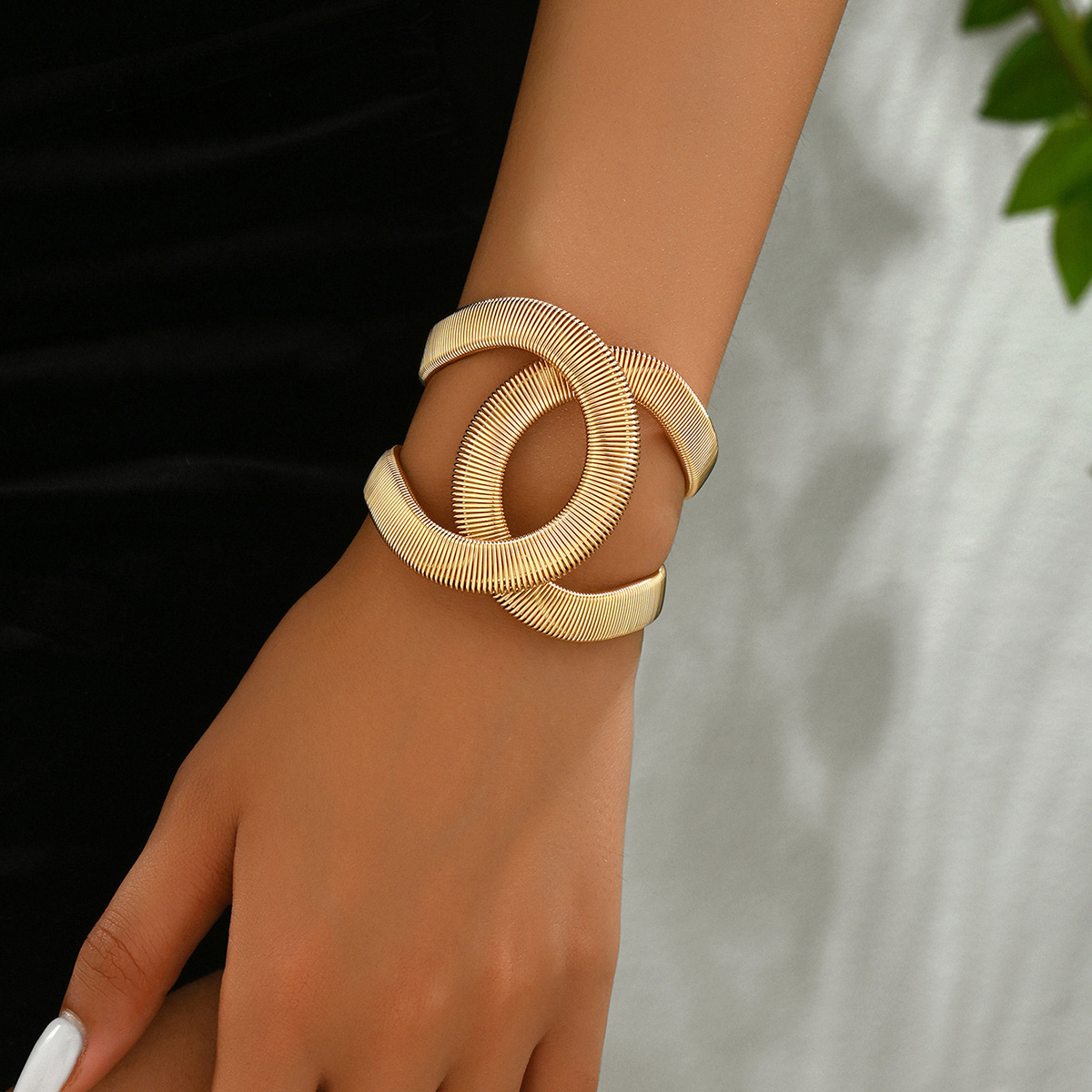 Women’s Gold-Tone Interlocking Loop Cuff Bracelet, Textured Wide Statement Bangle Jewelry - Image 3