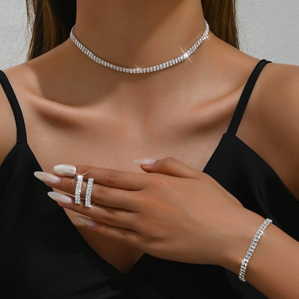 Baguette CZ Tennis Jewelry Set for Women – Rhodium-Plated Choker, Bracelet and Earrings