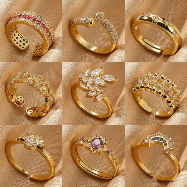 Women’s 18K Gold-Tone Copper Zircon Rings, Floral Leaf Minimalist Jewelry Collection