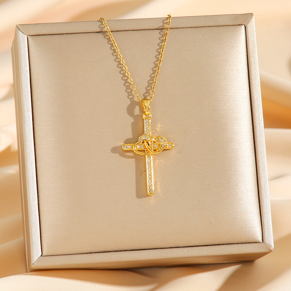 Cross and Heart Zircon-Style Pendant Necklace - Image 2