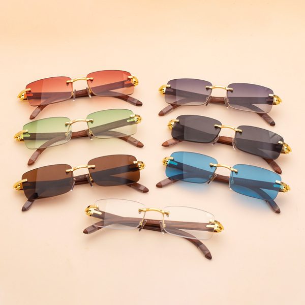 Unisex Rimless Square Sunglasses with Wood Temples and UV400 Lenses