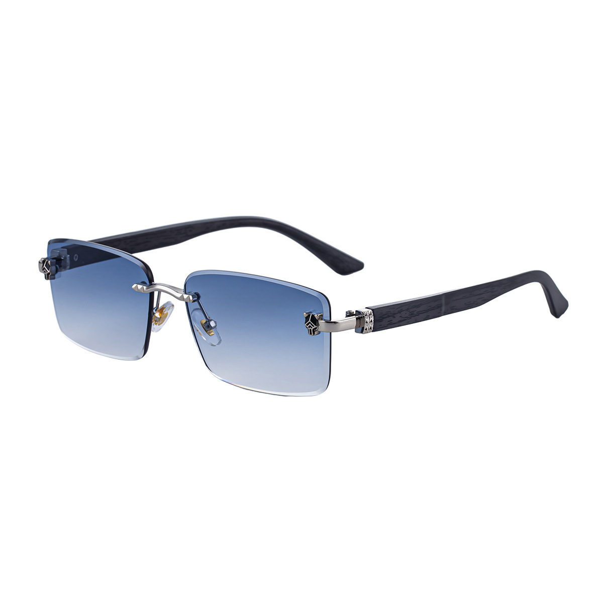 Men’s Rimless Rectangular Sunglasses with Retro Wood-Grain Temples - Image 10