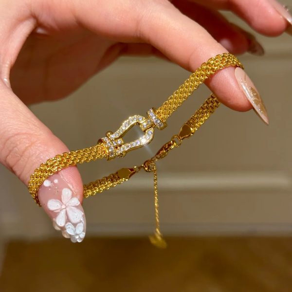 Women’s Rhinestone Horseshoe Milanese Mesh Bracelet, Gold and Silver-Tone Minimalist Jewelry
