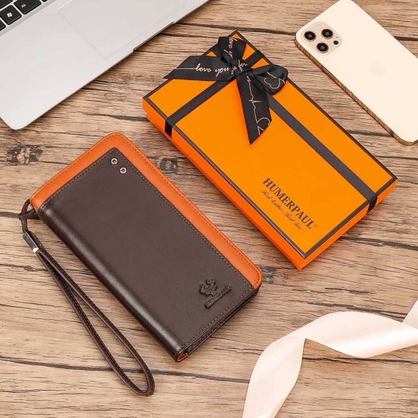 Men’s Genuine Cowhide Leather Long Wallet with Wrist Strap and RFID Protection