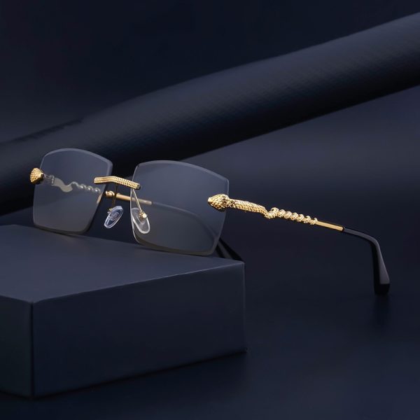 Men’s Fashion Rimless Square Sunglasses with Ornate Temples