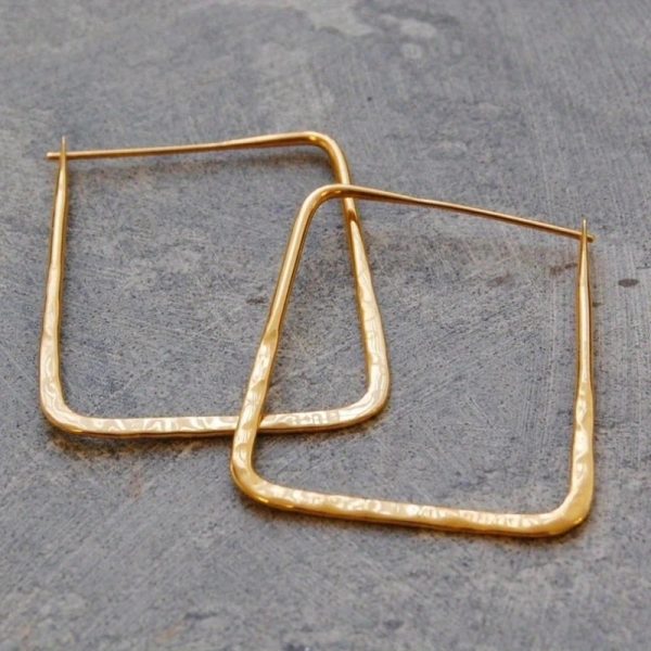 Women’s Gold-Tone Brass Hammered Rectangle Hoop Earrings, Oversized Geometric Statement Jewelry