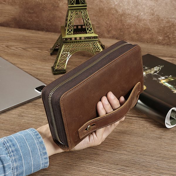 Men’s Retro Genuine Leather Zip-Around Long Wallet with Hand Strap