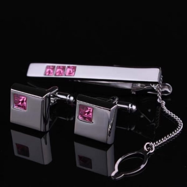 Rhinestone Silver-Tone Cufflinks and Tie Clip Set