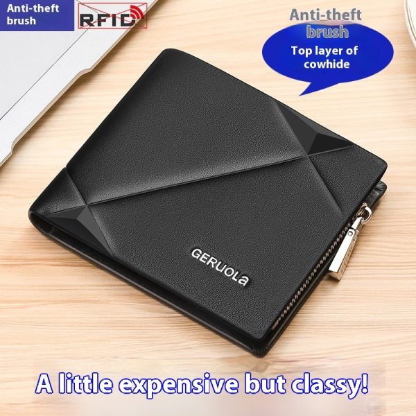 Men’s Geometric Cowhide Leather Bifold Wallet with Zippered Pocket