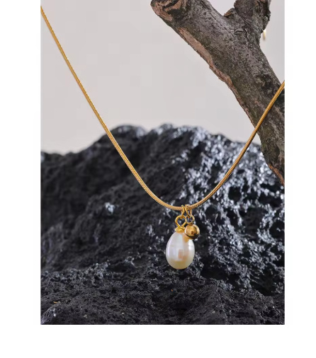 Women’s Natural Pearl Stainless Steel Necklaces, Gold and Silver-Tone Minimalist Pendant Jewelry