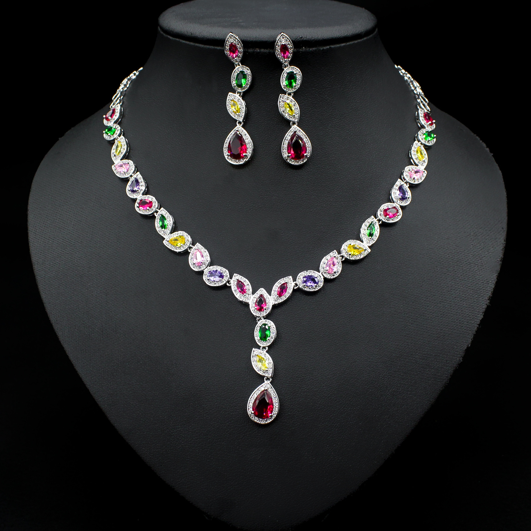 Colorful Zircon Leaf Necklace and Earrings Set - Image 2