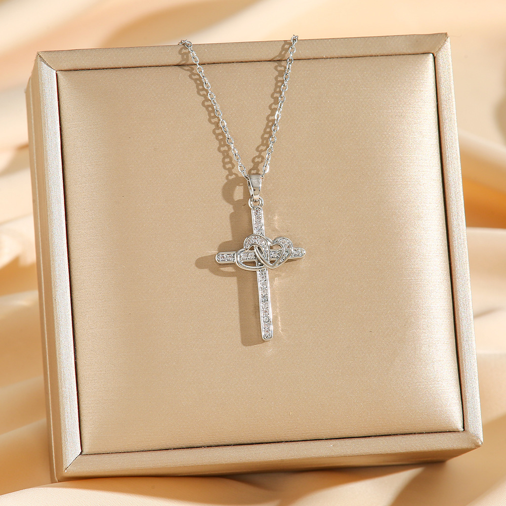 Cross and Heart Zircon-Style Pendant Necklace - Image 3