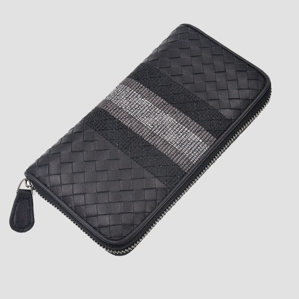 Men’s Genuine Sheepskin Leather Woven Long Wallet with Multi-Card Slots