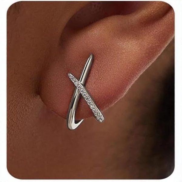 Women’s Zircon Crossed-Line Stud Earrings, Minimalist Gold and Silver-Tone Ear Climbers