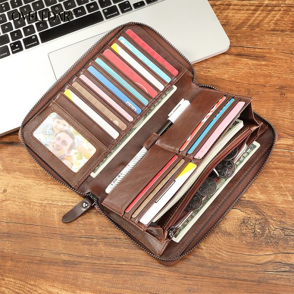 Men’s Large-Capacity Cowhide Leather Zip-Around Wallet