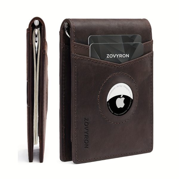 Men’s Slim Leather Bifold Wallet with AirTag Holder and Money Clip