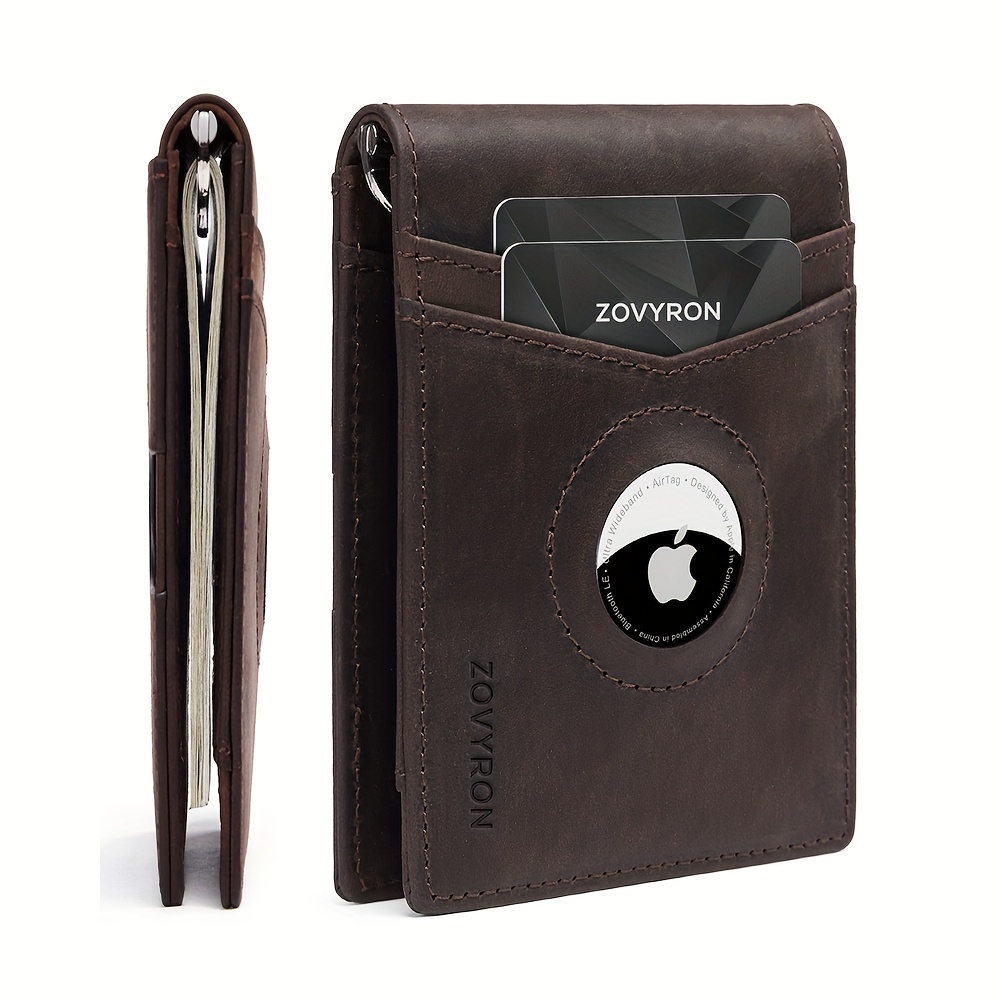 Men’s Slim Leather Bifold Wallet with AirTag Holder and Money Clip