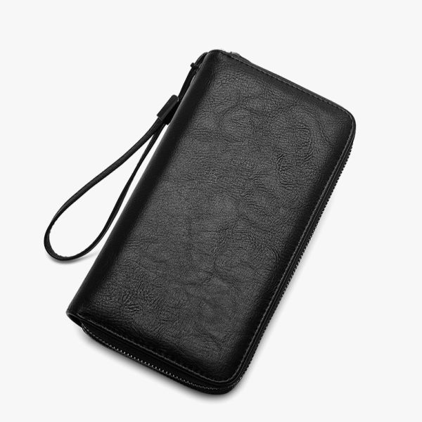 Men’s PU Leather Double-Zip Clutch Wallet with Wrist Strap