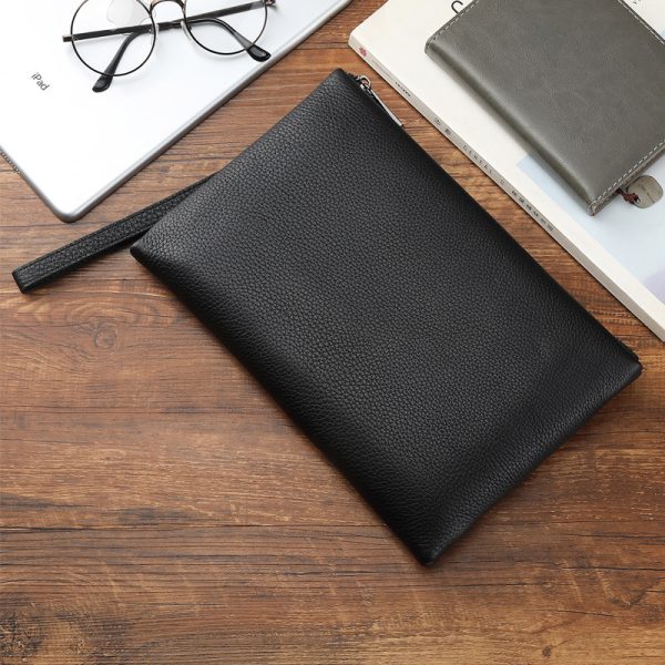 Men’s Black Cowhide Leather Clutch Wallet with Wrist Strap