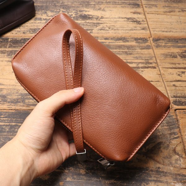 Men’s Genuine Leather Zip-Around Long Wallet with Wrist Strap