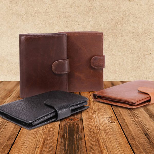 Men’s Retro Cowhide Leather Wallet with Snap Tab and Card Slots