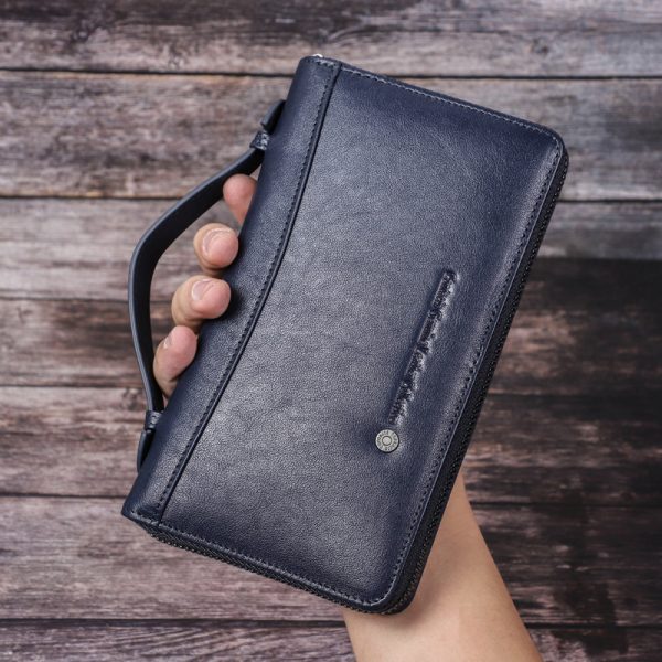 Men’s Cowhide Leather Long Zip-Around Wallet with Hand Strap