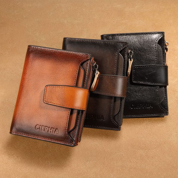 Men’s Genuine Cowhide Leather RFID Wallet with Zipper Coin Pocket and Removable ID Holder