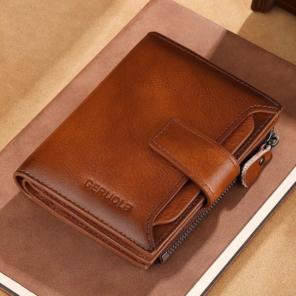 Men’s Genuine Cowhide Leather Bifold Wallet with Zipper and Multiple Card Slots