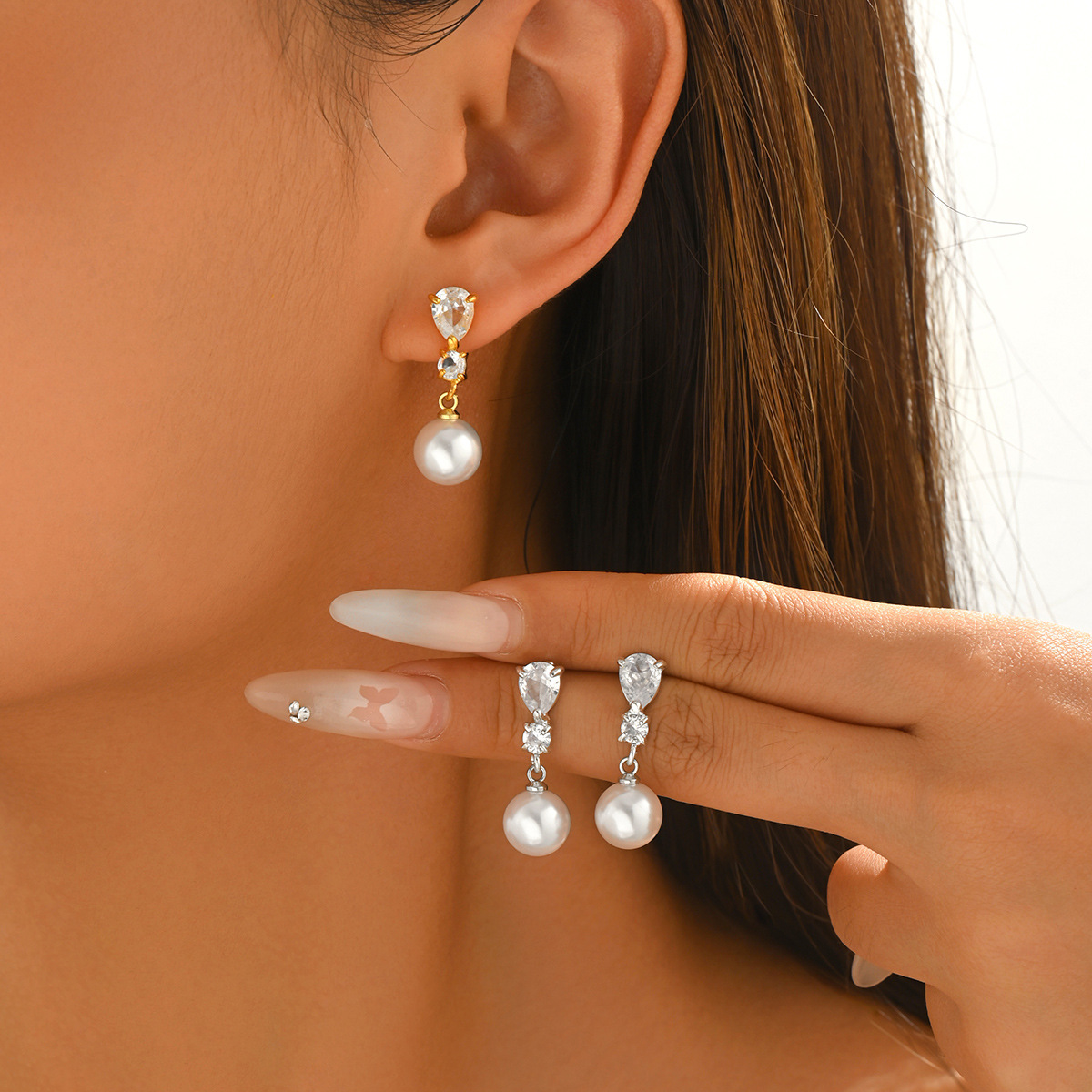 Geometric Pearl Zircon Stud Earrings - Image 2