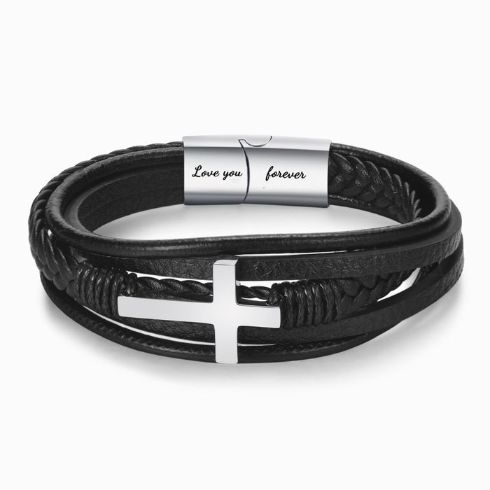 Stainless Steel and Leather Cross Bracelet - Image 3