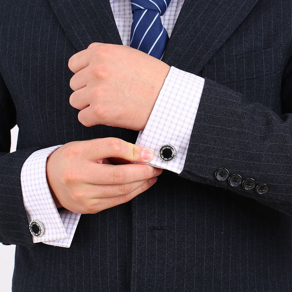 Black Round Crystal French Cufflinks - Image 2