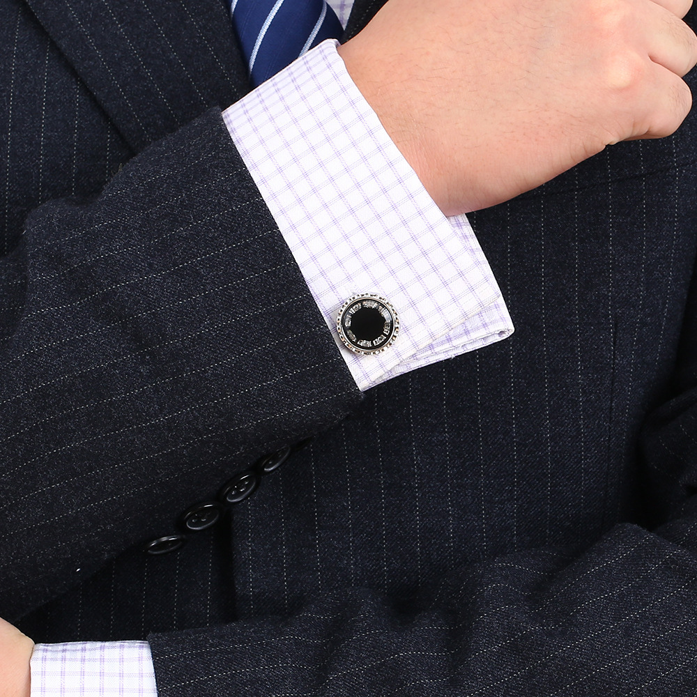 Black Round Crystal French Cufflinks - Image 3
