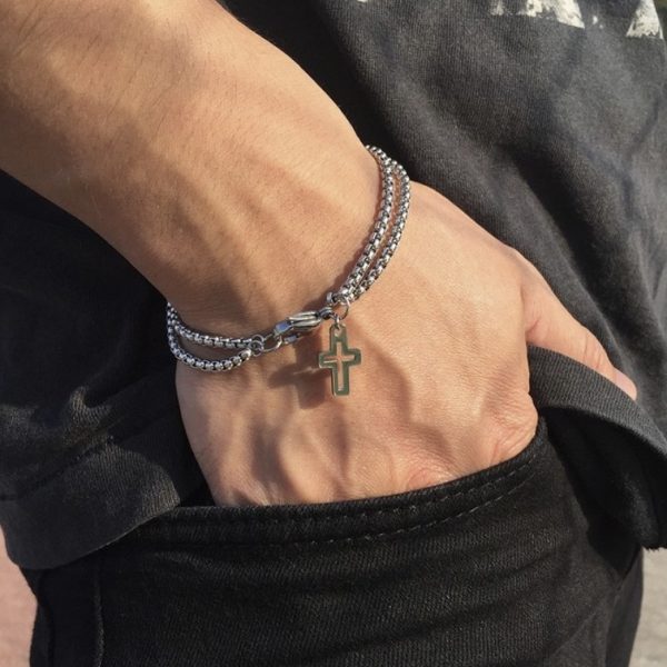 Steel-Tone Cross Charm Bracelet