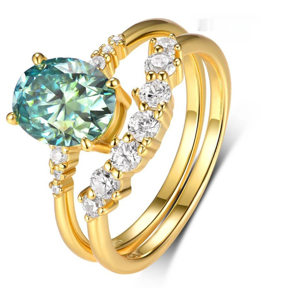 Green Stone Moissanite Stacked Ring Set for Women - Image 5
