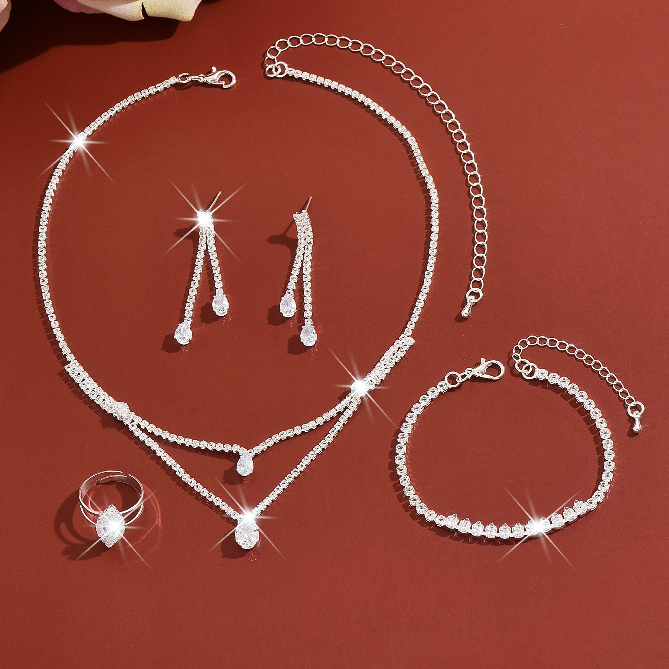 Double-Layer Water Drop Pendant Four-Piece Jewelry Set - Image 3
