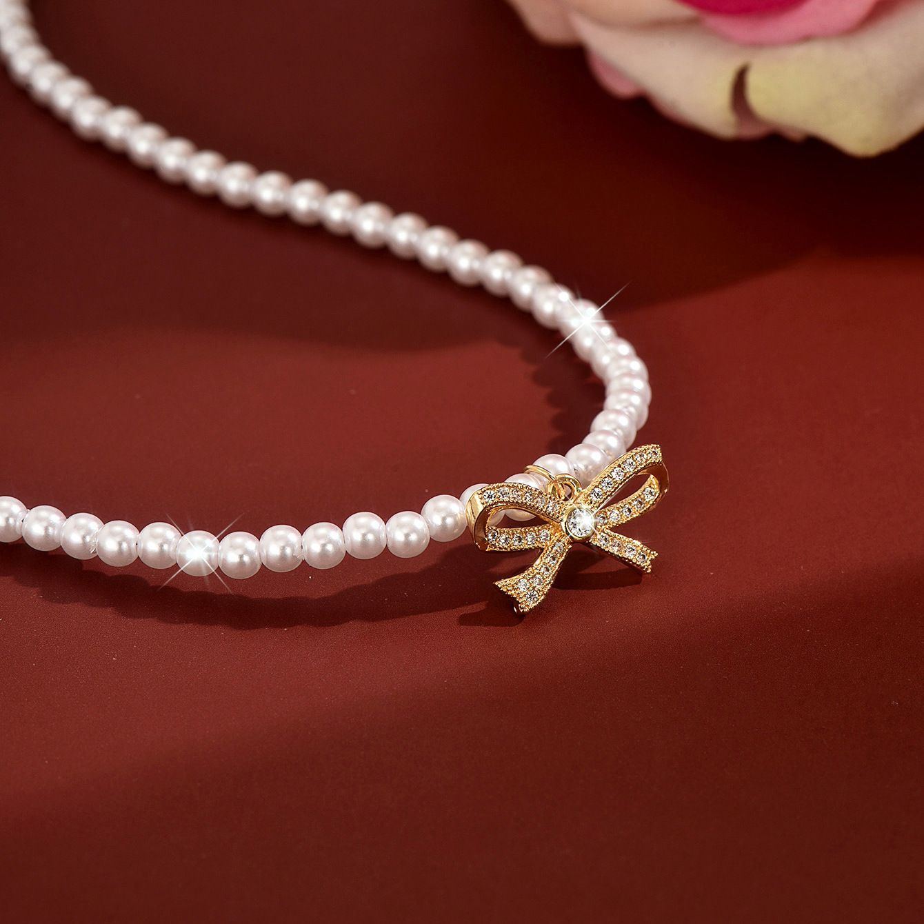 European Sparkly Bow Faux Pearl Choker - Image 5