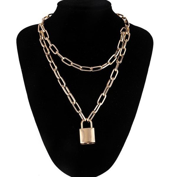 Layered Lock Sweater Chain Necklace