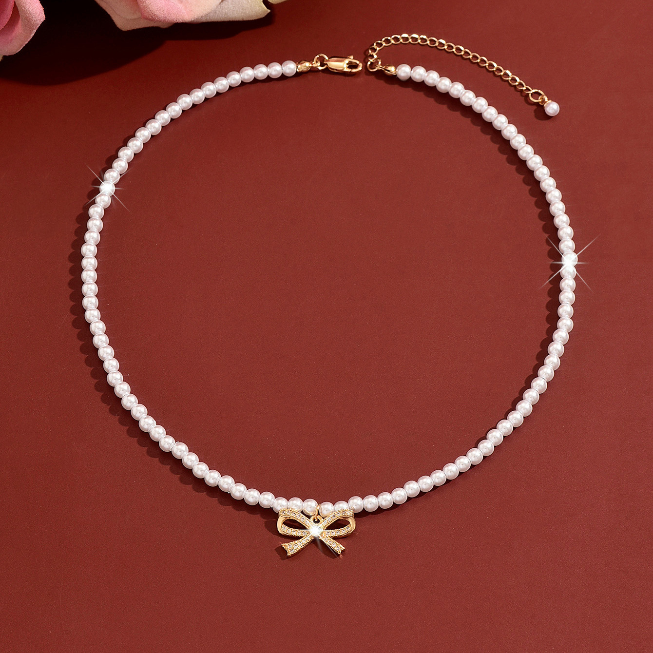 European Sparkly Bow Faux Pearl Choker - Image 3