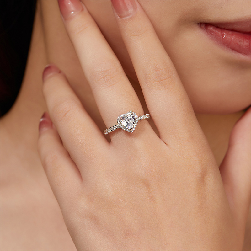 Love-Heart Moissanite Silver Ring for Couples