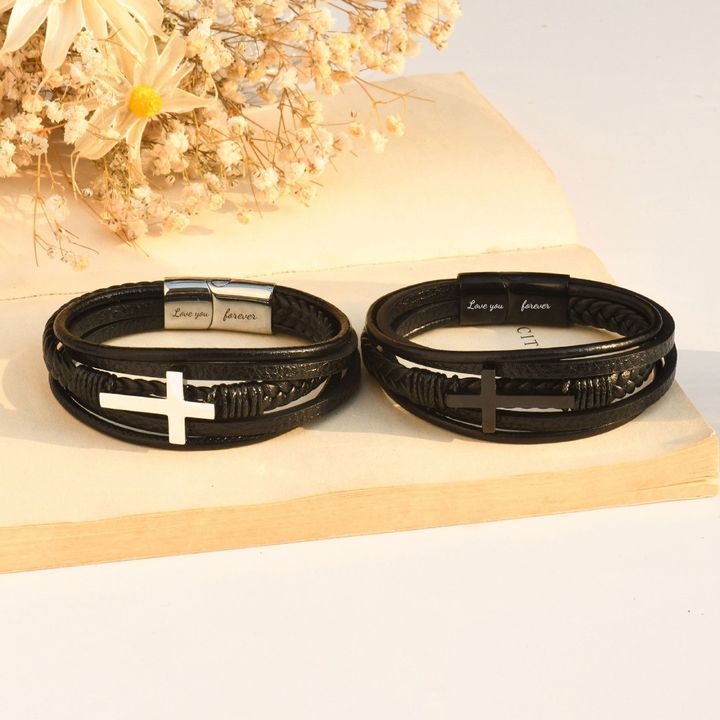 Stainless Steel and Leather Cross Bracelet - Image 7