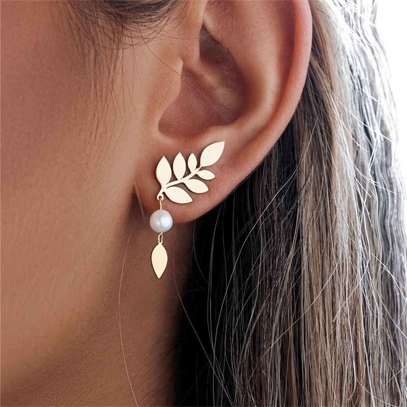 French Leaf & Water Drop Pearl Earrings - Image 3