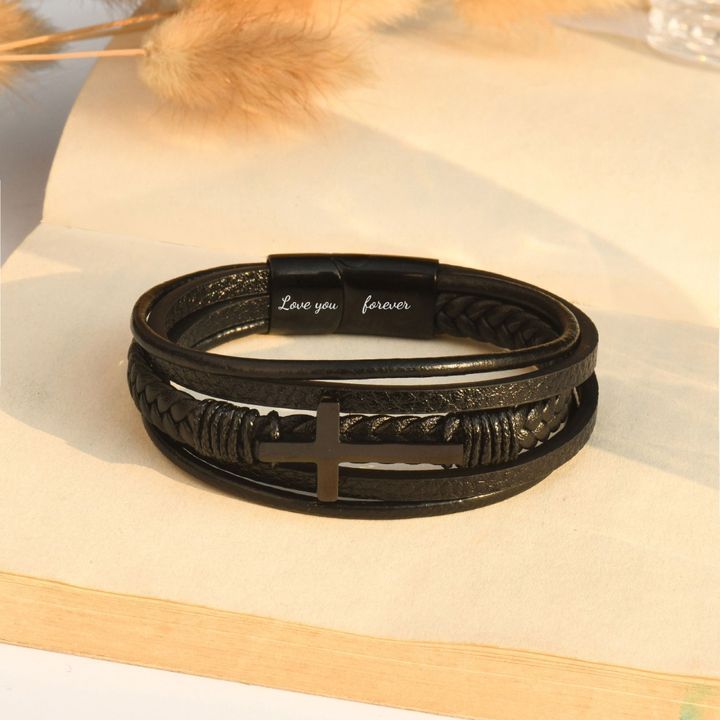 Stainless Steel and Leather Cross Bracelet - Image 5