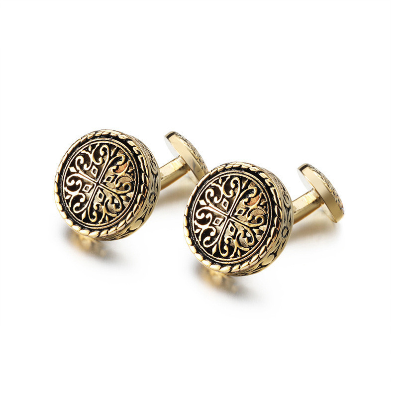 Black Round Gold-Tone French Cufflinks