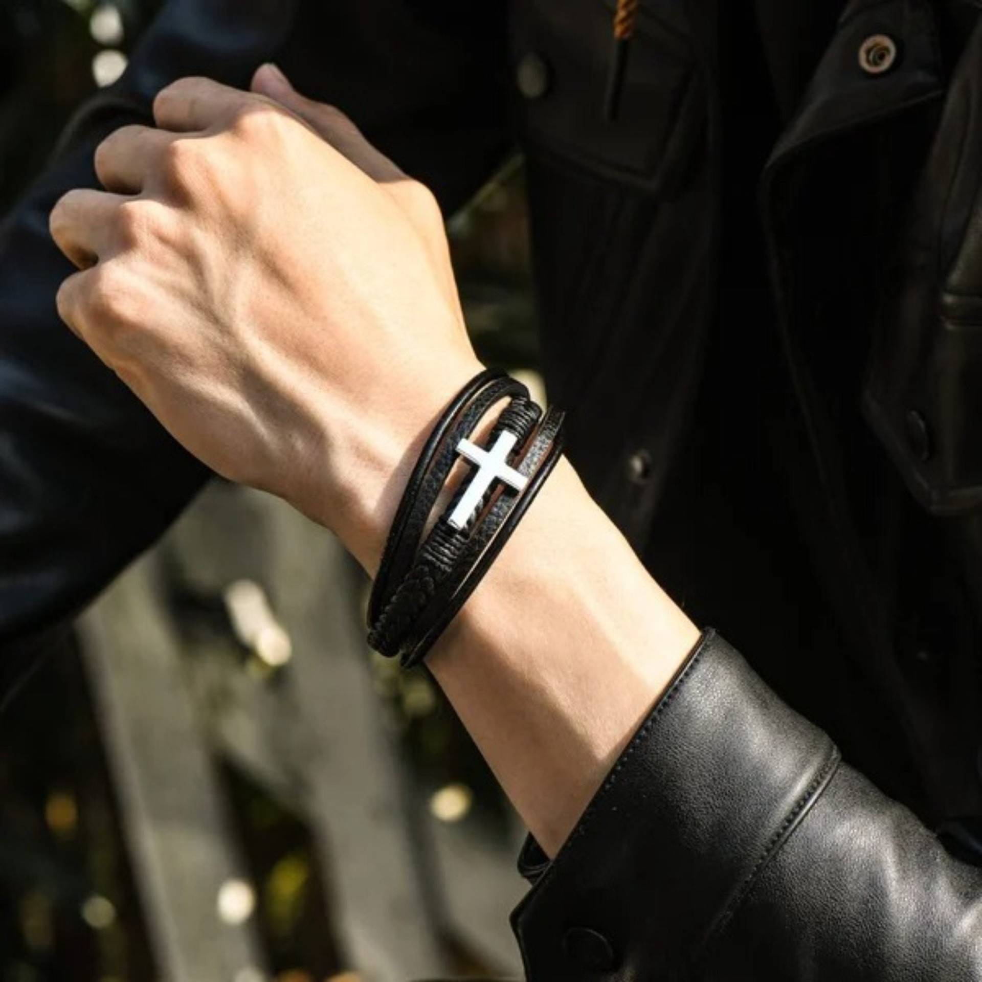Stainless Steel and Leather Cross Bracelet - Image 6