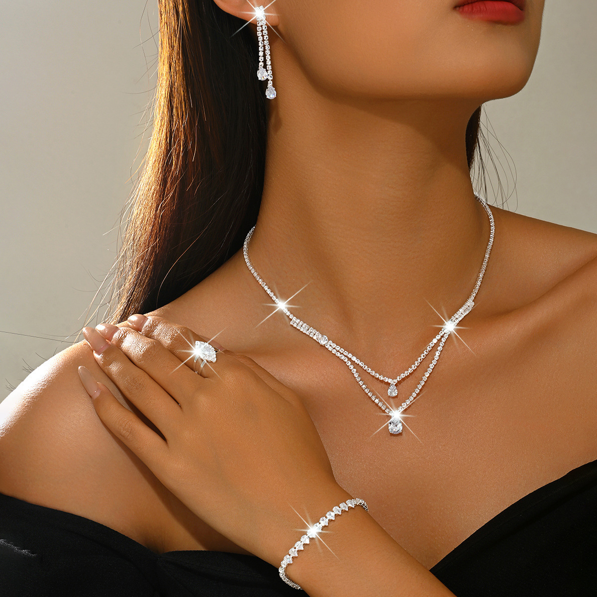 Double-Layer Water Drop Pendant Four-Piece Jewelry Set - Image 5
