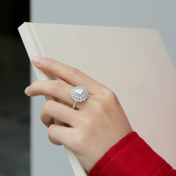 S925 Silver Moissanite-Inspired Flower Ring for Women