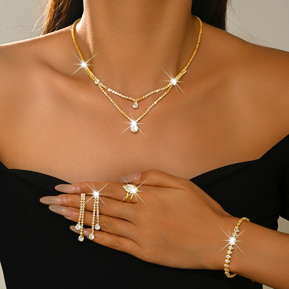 Double-Layer Water Drop Pendant Four-Piece Jewelry Set