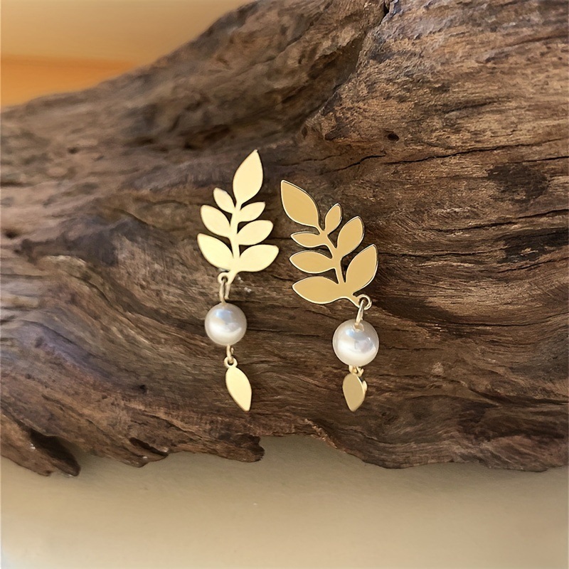 French Leaf & Water Drop Pearl Earrings - Image 2