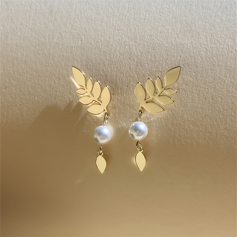 French Leaf & Water Drop Pearl Earrings