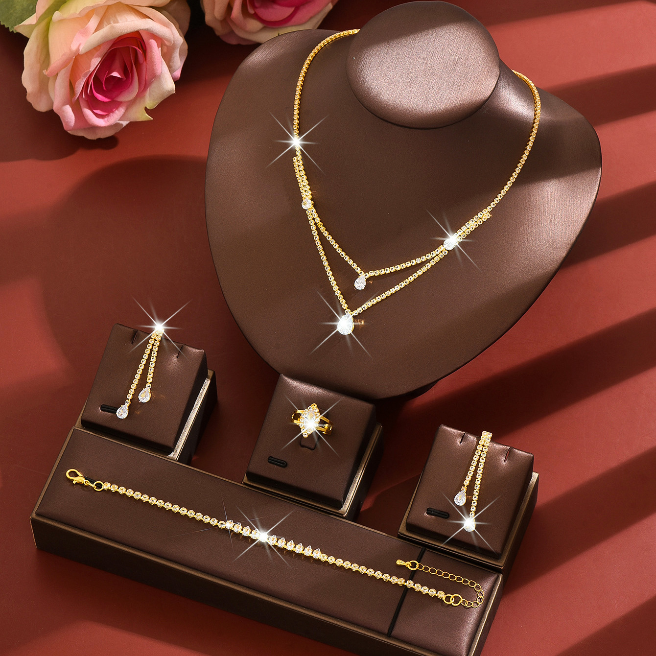 Double-Layer Water Drop Pendant Four-Piece Jewelry Set - Image 4